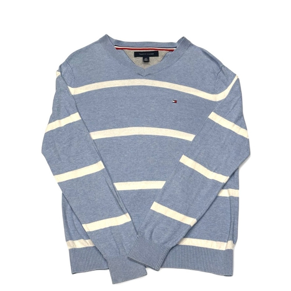 Tommy Hilfiger Blue and White Striped V Neck Sweater - Size S